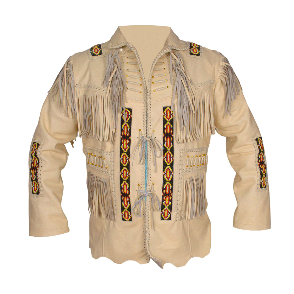 Western Beige Leather Fringe Beaded Jacket for Men MWJ325