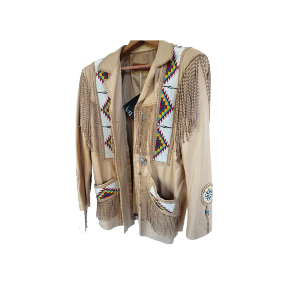 Western Beige Leather Twisted Fringe Beaded Jacket for Men MWJ313