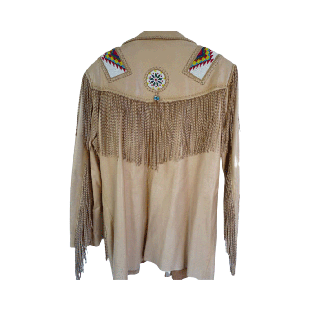 Western Beige Leather Twisted Fringe Beaded Jacket for Men MWJ313