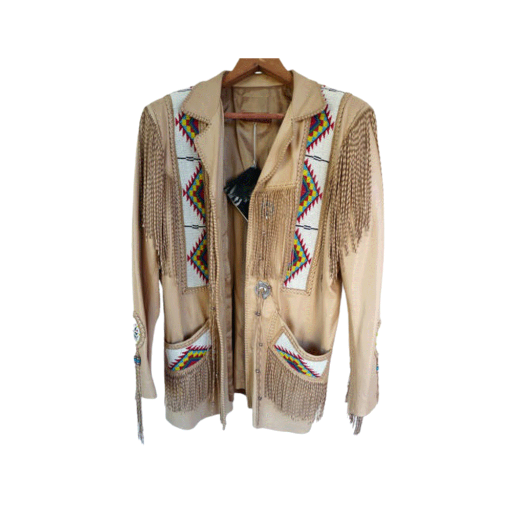 Western Beige Leather Twisted Fringe Beaded Jacket for Men MWJ313