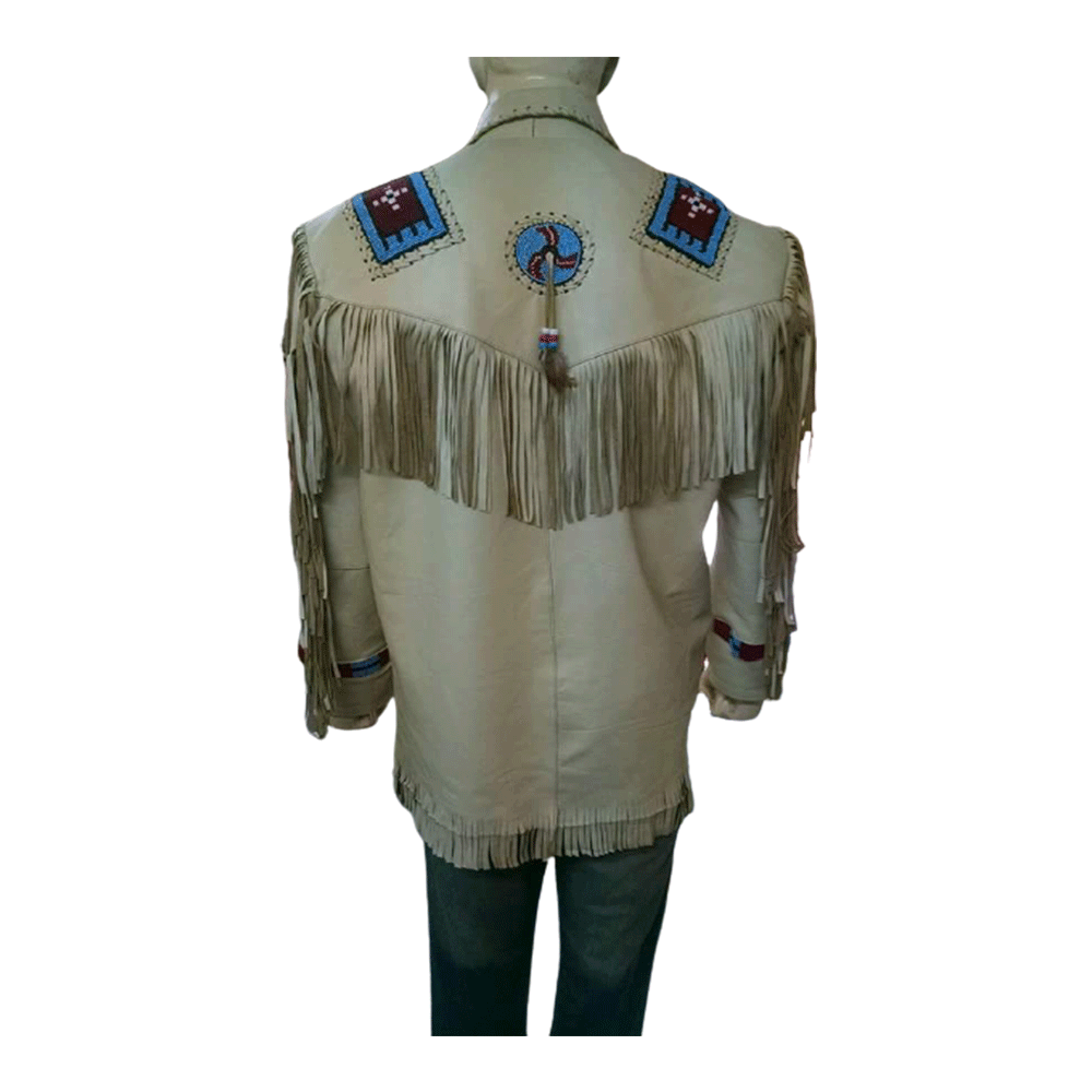 Western Beige Leather Fringe Native American Beaded Jacket for Men MWJ314