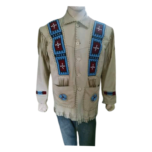 Western Beige Leather Fringe Native American Beaded Jacket for Men MWJ314