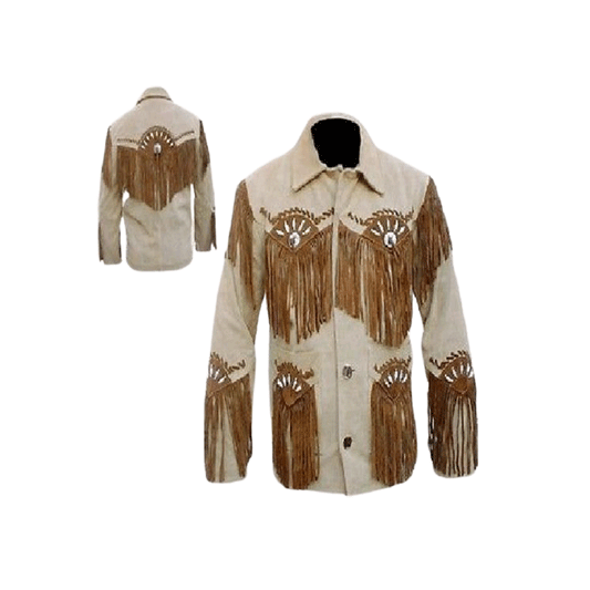 Western Beige Leather Cognac Fringe Bone Jacket for Men MWJ328