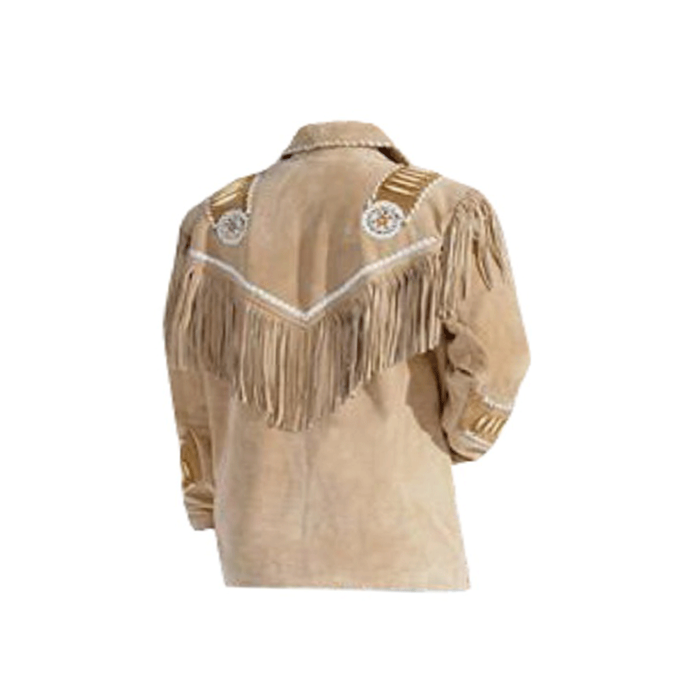 Western Beige Suede Leather Fringe Beaded Jacket for Men MWJ330