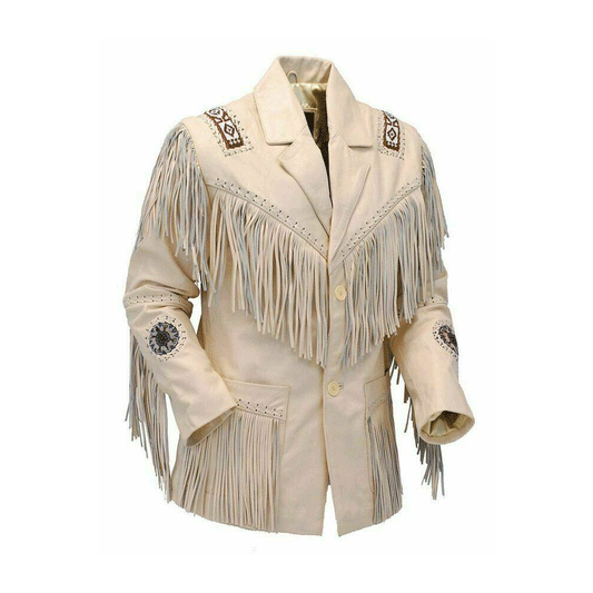 Western Fringe Beige Leather Jackets for Men MWJ101