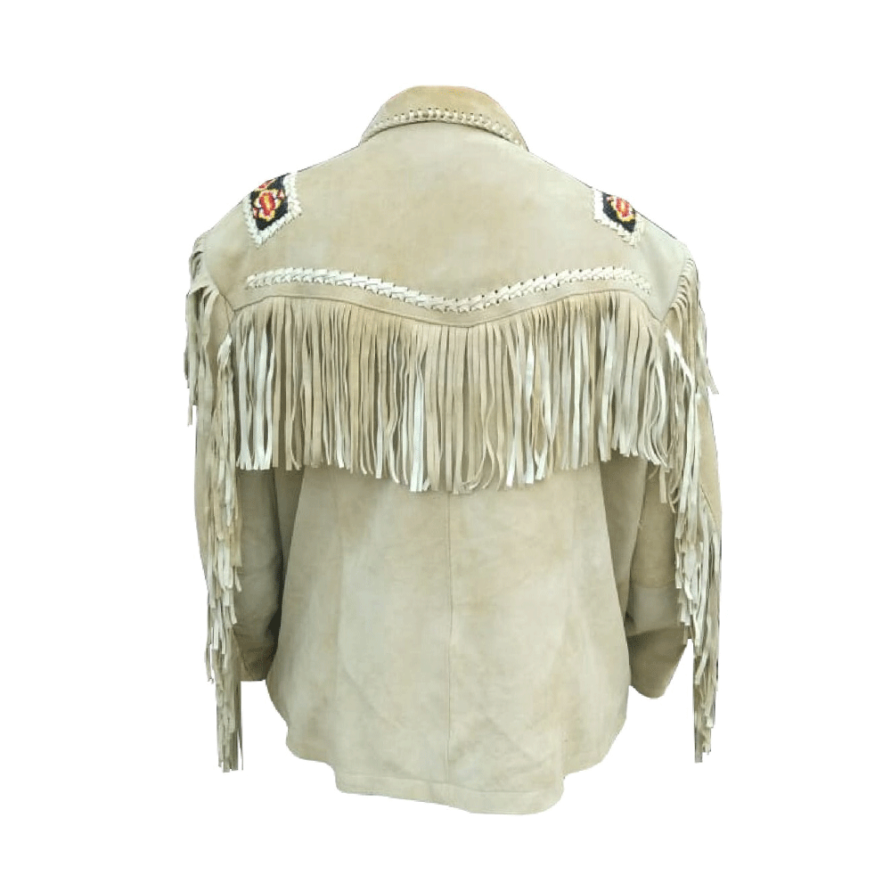 Western Fringe Beige Suede Leather Jackets for Men MWJ103