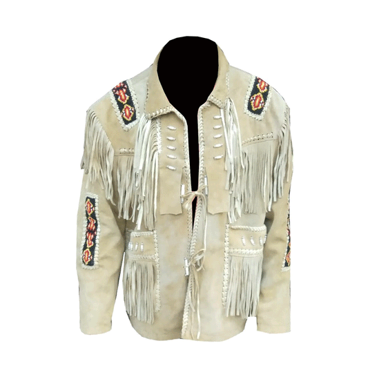 Western Fringe Beige Suede Leather Jackets for Men MWJ103