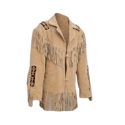 Western Beige Suede Leather Fringe Beaded Jacket for Men MWJ345