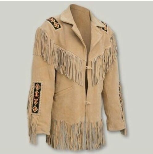 Western Beige Suede Leather Fringe Beaded Jacket for Men MWJ345