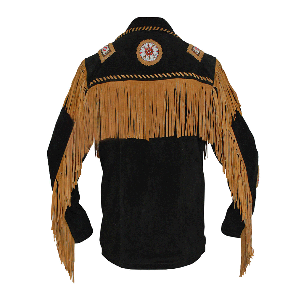 Western Black Suede Leather Fringe Beaded Jacket for Men MWJ505