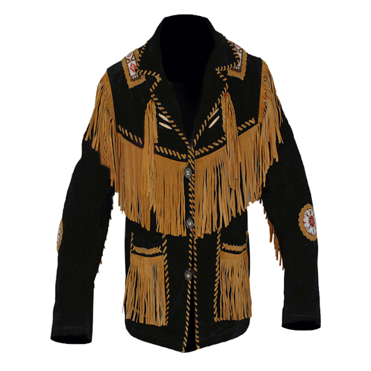 Western Black Suede Leather Fringe Beaded Jacket for Men MWJ505