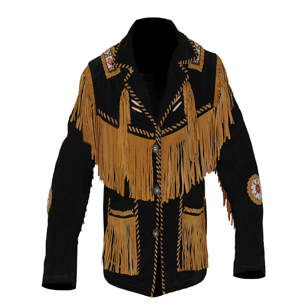 Western Black Suede Leather Fringe Beaded Jacket for Men MWJ505