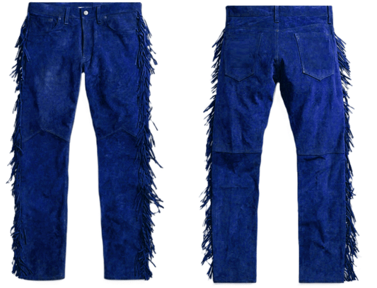 Blue Suede Leather Fringe Pants Jeans Style For Men Western Pant MFP113