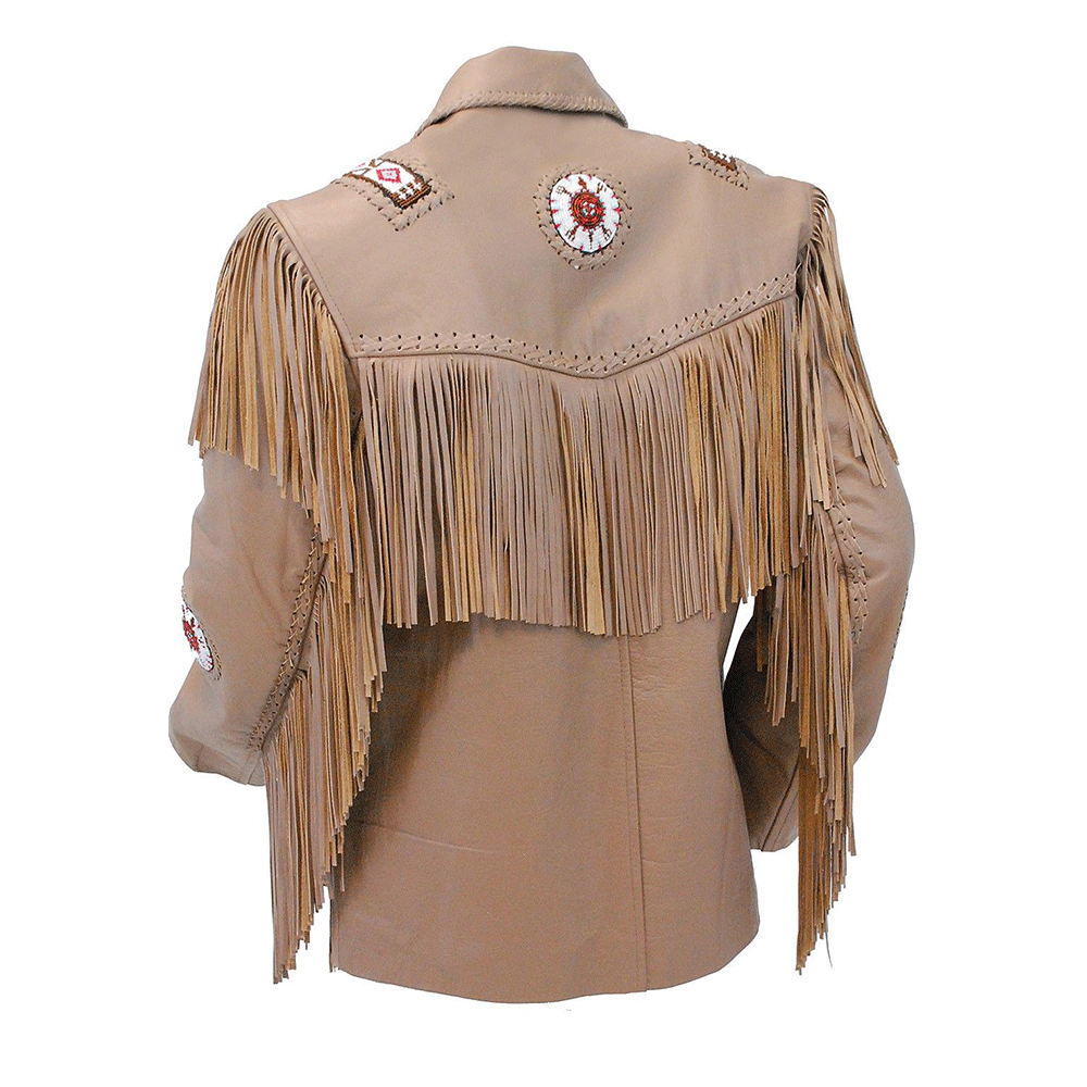 Western Beige Leather Fringe Beaded Jacket for Men MWJ315