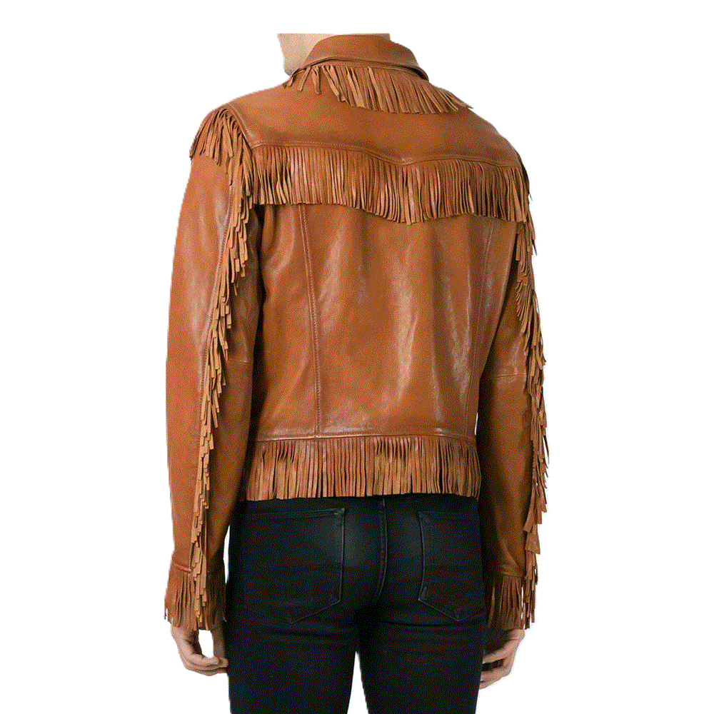 Western Fringe Brown Leather Jacket for Men MWJ736