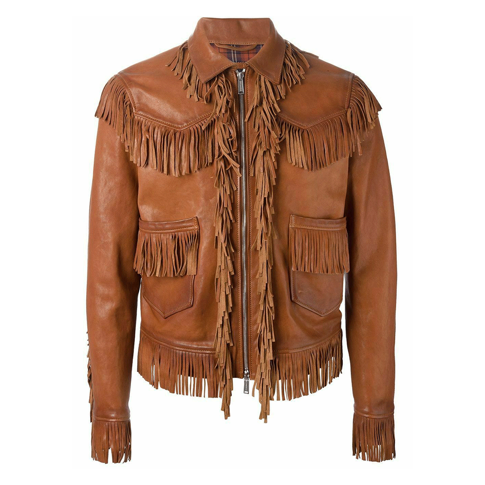 Western Fringe Brown Leather Jacket for Men MWJ736