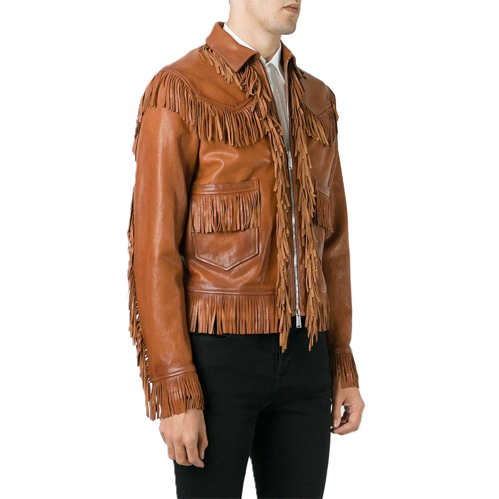 Western Fringe Brown Leather Jacket for Men MWJ736