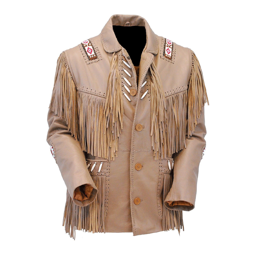 Western Beige Leather Fringe Beaded Jacket for Men MWJ315