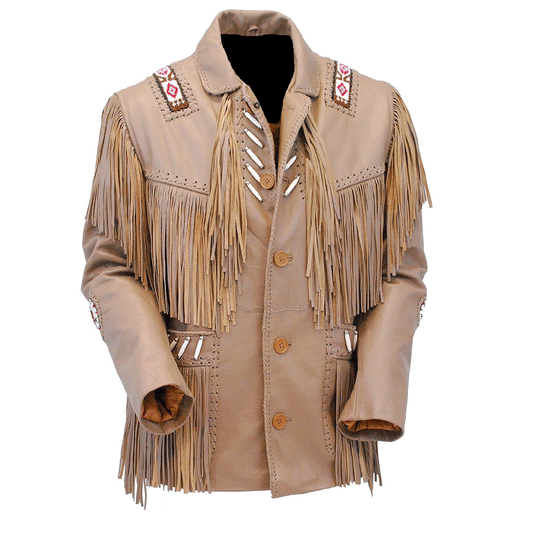 Western Beige Leather Fringe Beaded Jacket for Men MWJ315