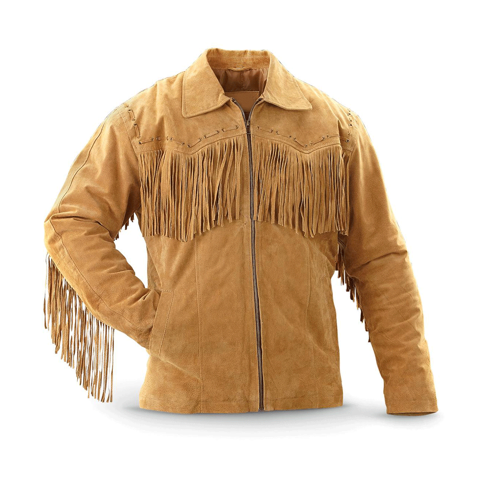 Western Fringe Brown Suede Leather Jacket for Men MWJ755