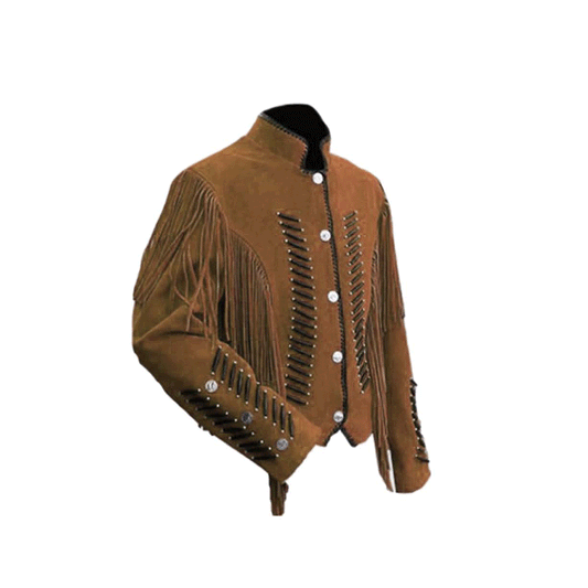 Western Fringe Brown Suede Leather Jacket for Men MWJ748