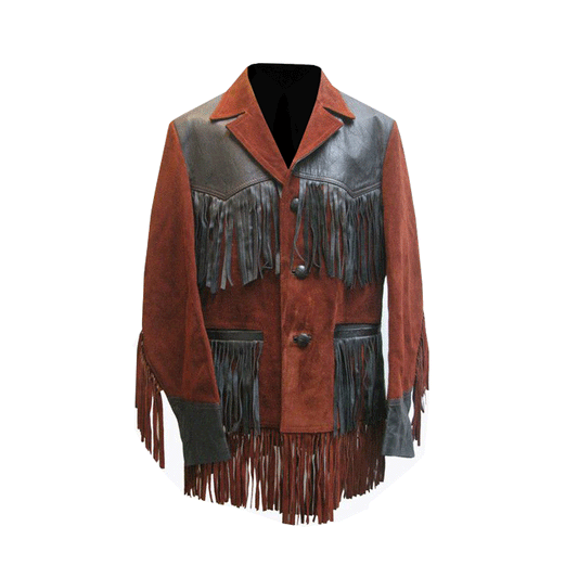 Western Fringe Brown Suede With Black Leather Jacket for Men MWJ754