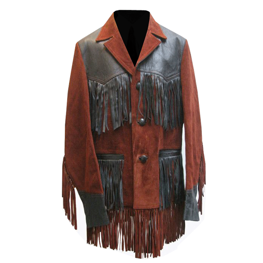 Western Fringe Brown Suede With Black Leather Jacket for Men MWJ754