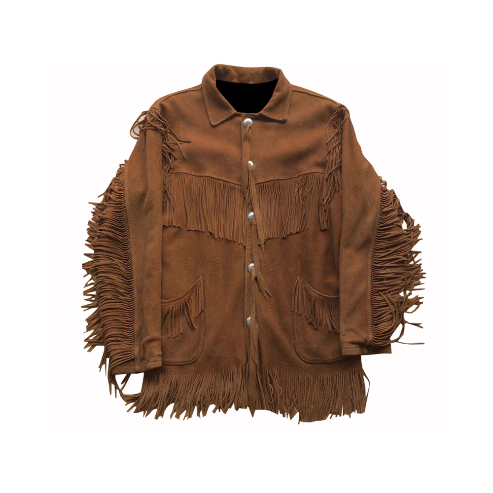 Western Fringe Brown Suede Leather Jacket for Men MWJ763