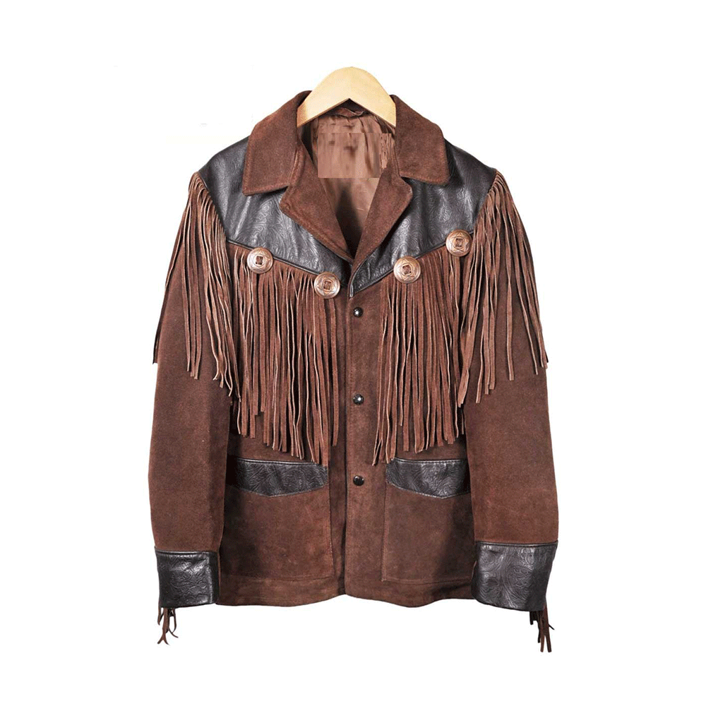 Western Fringe Brown Suede Leather Jacket for Men MWJ759