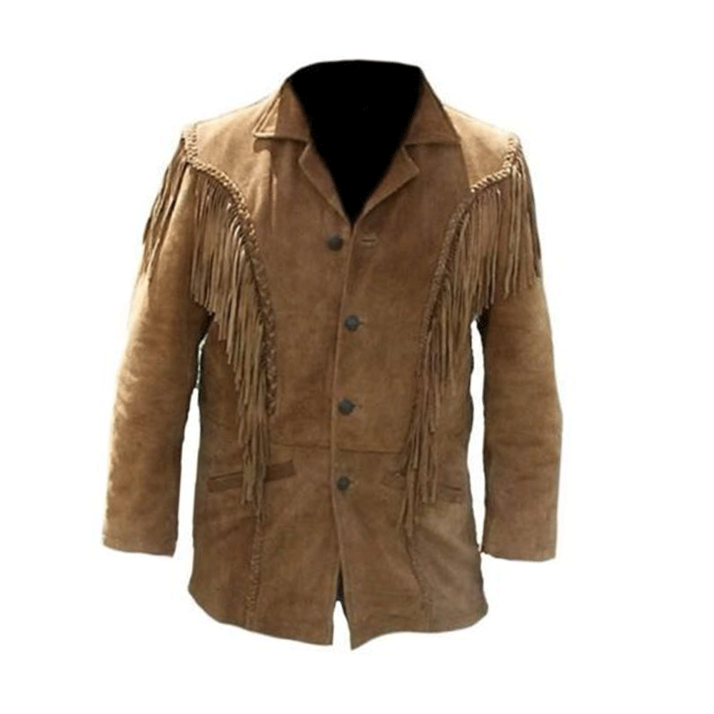 Western Brown Suede Fringe Leather Jacket for Men MWJ780