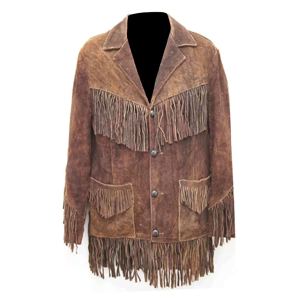 Western Brown Suede Fringe Leather Jacket for Men MWJ779