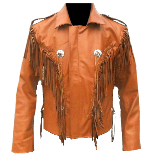 Western Fringe Brown Leather Jacket for Men MWJ747