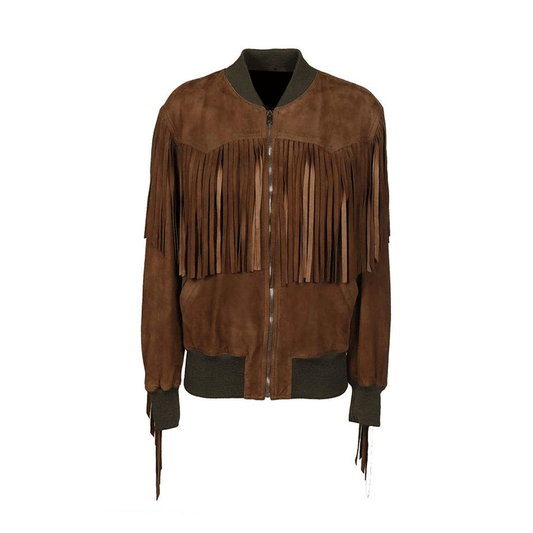 Western Fringe Brown Suede Leather Jacket for Men MWJ765