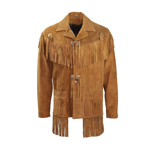 Western Cognac Brown Suede Fringe Leather Jacket for Men MWJ771