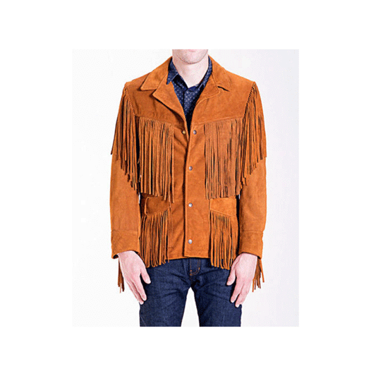 Western Brown Suede Leather Fringe Jacket for Men MWJ766