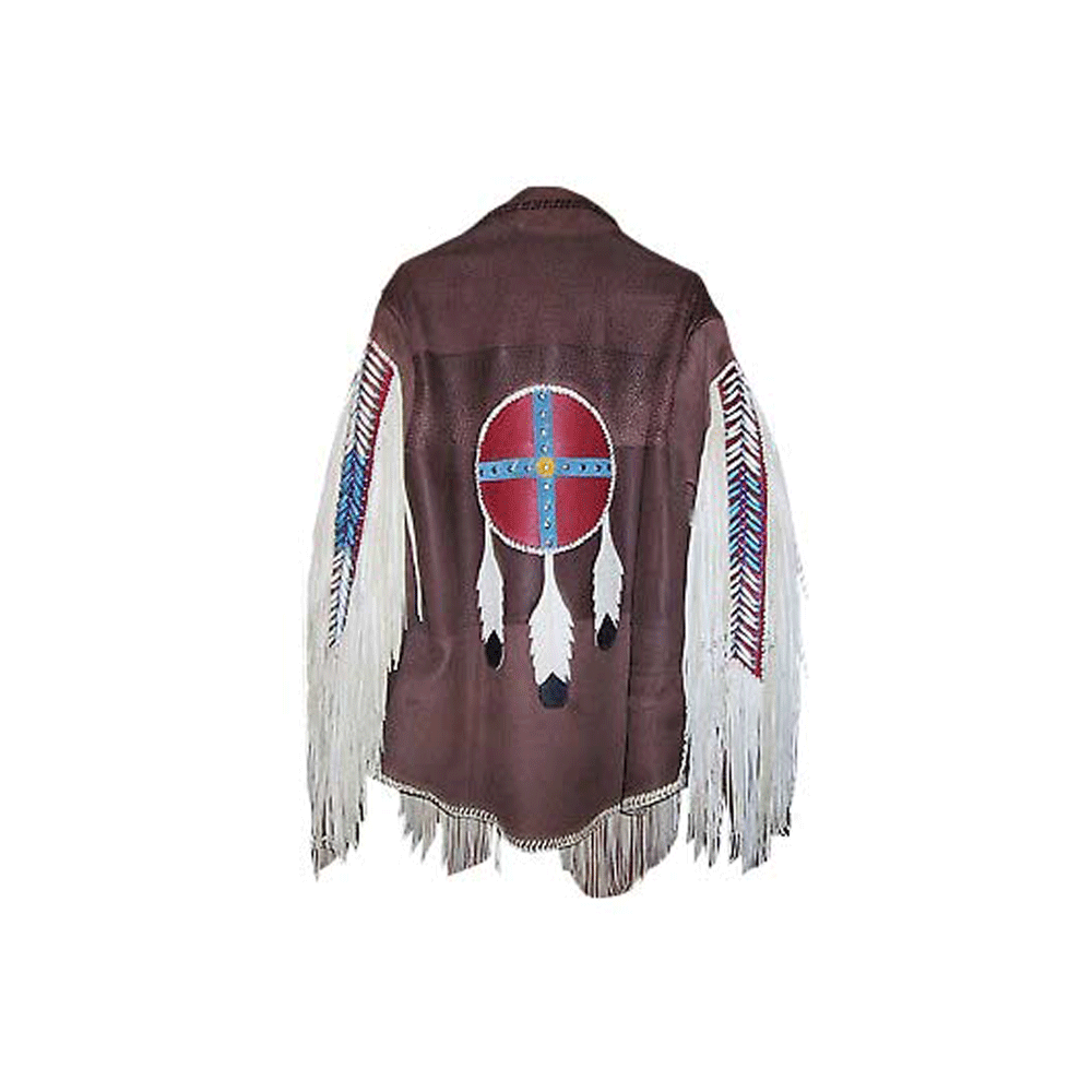 Western Brown Leather Fringe Beaded Jacket for Men MWJ781