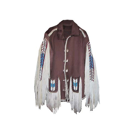 Western Brown Leather Fringe Beaded Jacket for Men MWJ781