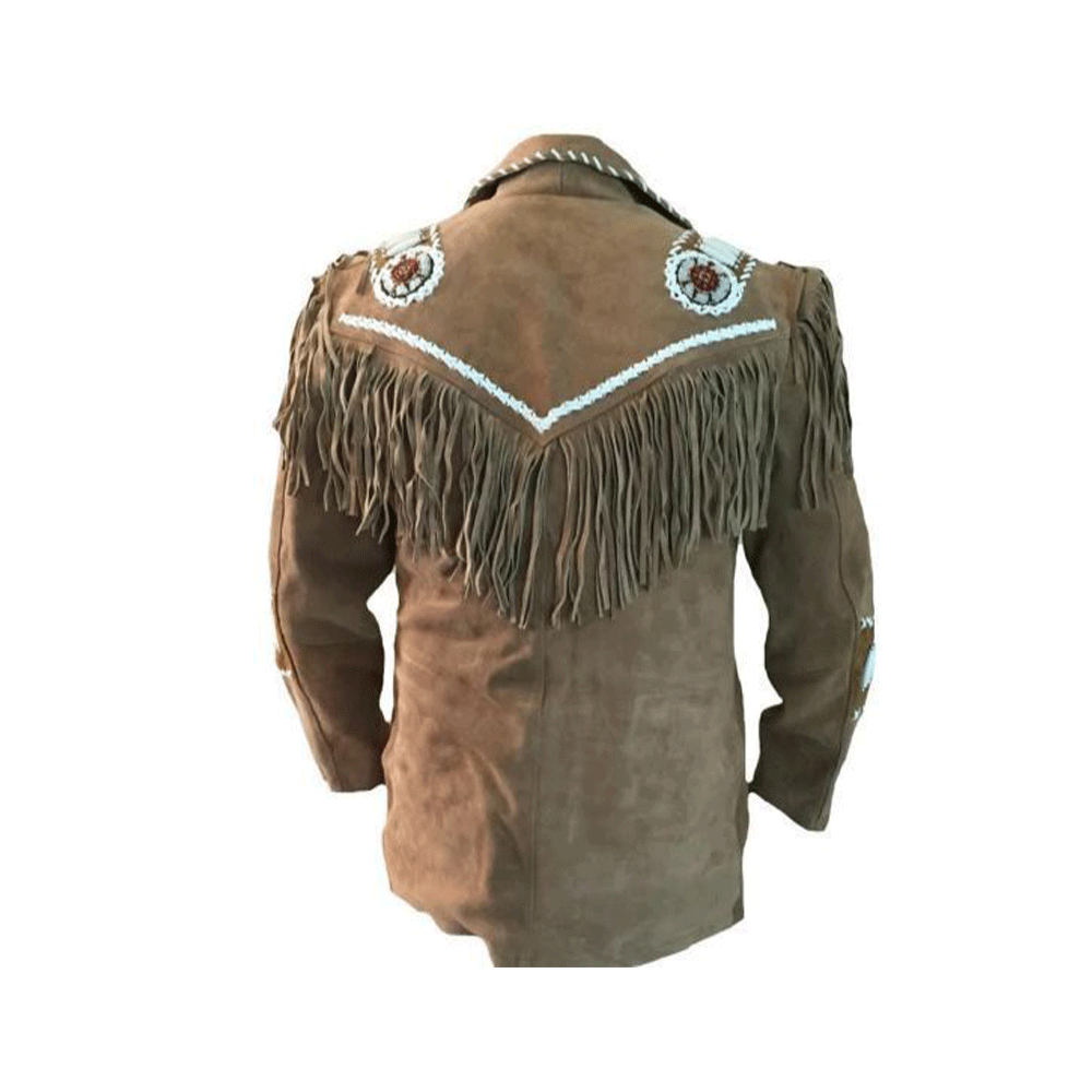 Western Brown Suede Leather Fringe Beaded Jackets for Men MWJ713