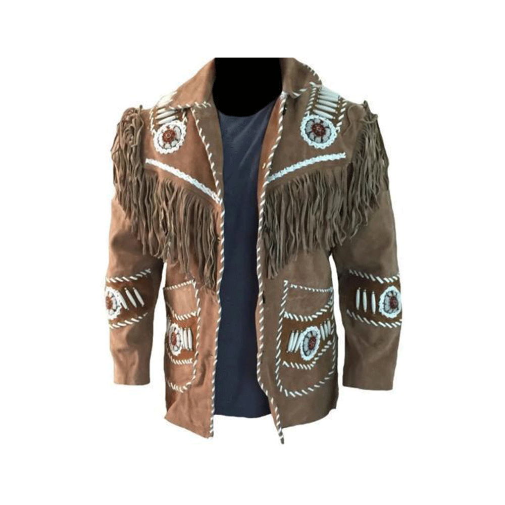 Western Brown Suede Leather Fringe Beaded Jackets for Men MWJ713