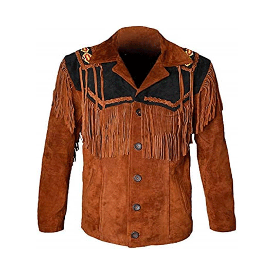 Western Fringe Brown Suede Leather Beaded Jacket for Men MWJ719