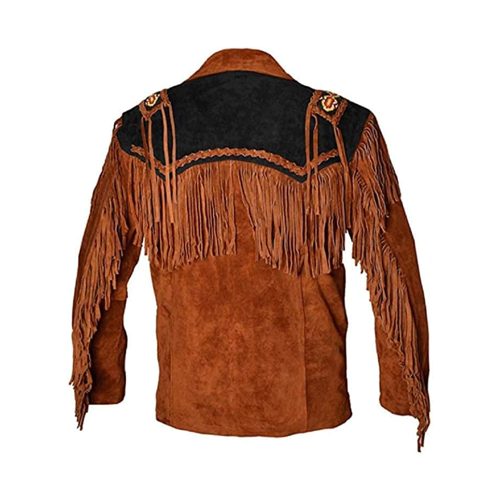 Western Fringe Brown Suede Leather Beaded Jacket for Men MWJ719