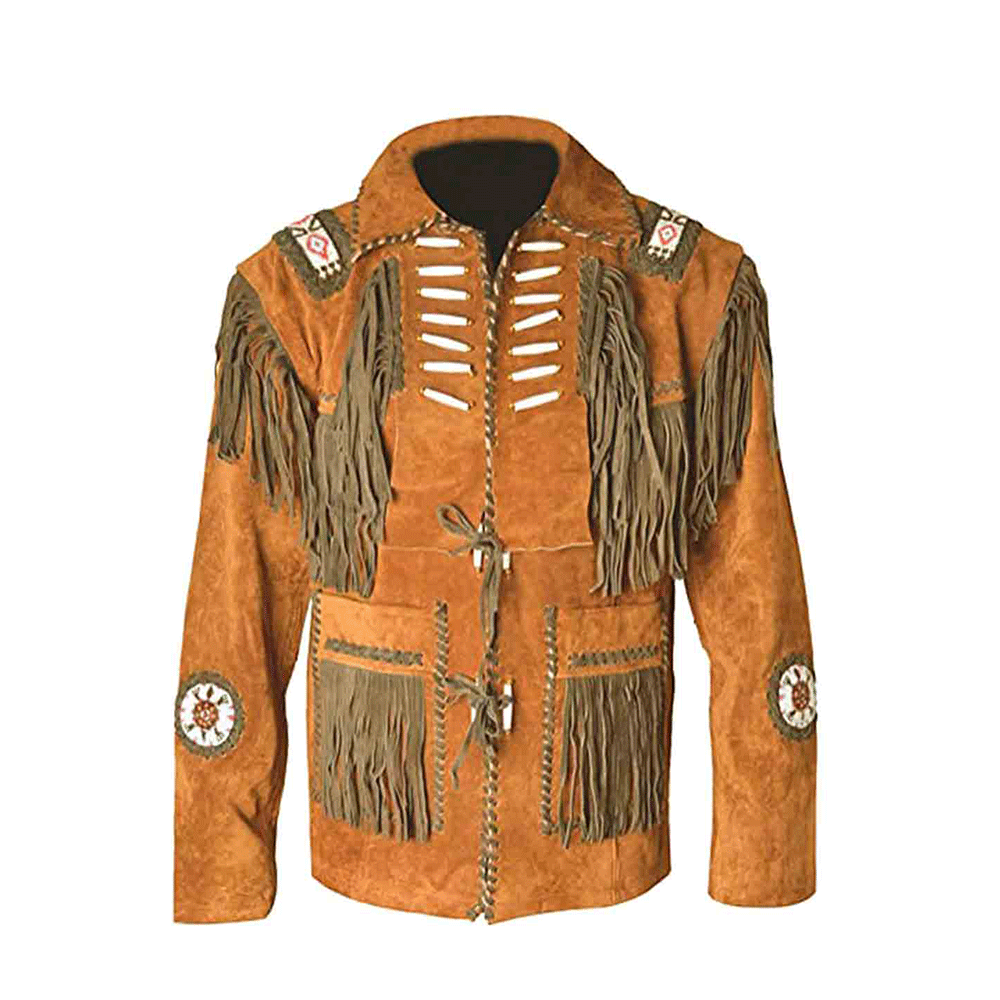 Western Brown Suede Leather Fringe Beaded Jacket for Men MWJ714