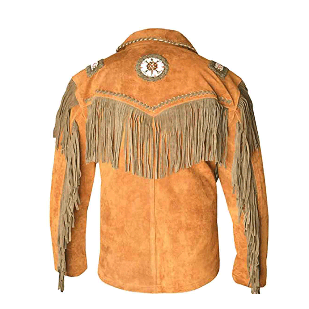 Western Brown Suede Leather Fringe Beaded Jacket for Men MWJ714