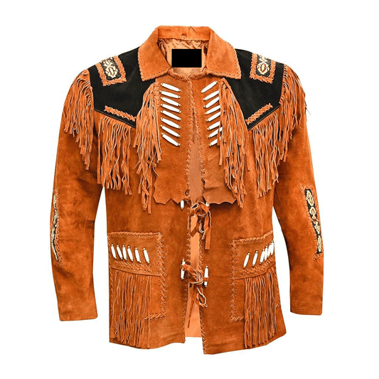 Western Brown Suede Leather Fringe Beaded Jacket for Men MWJ715