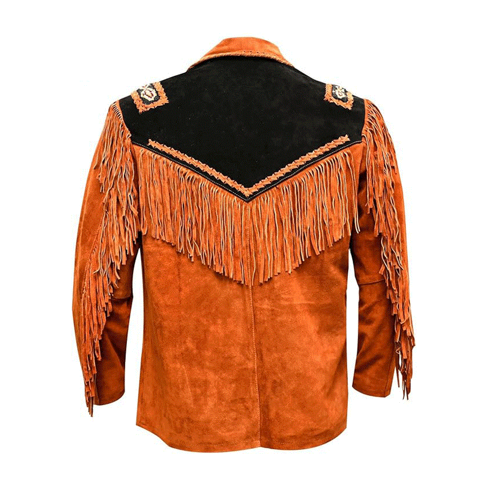 Western Brown Suede Leather Fringe Beaded Jacket for Men MWJ715