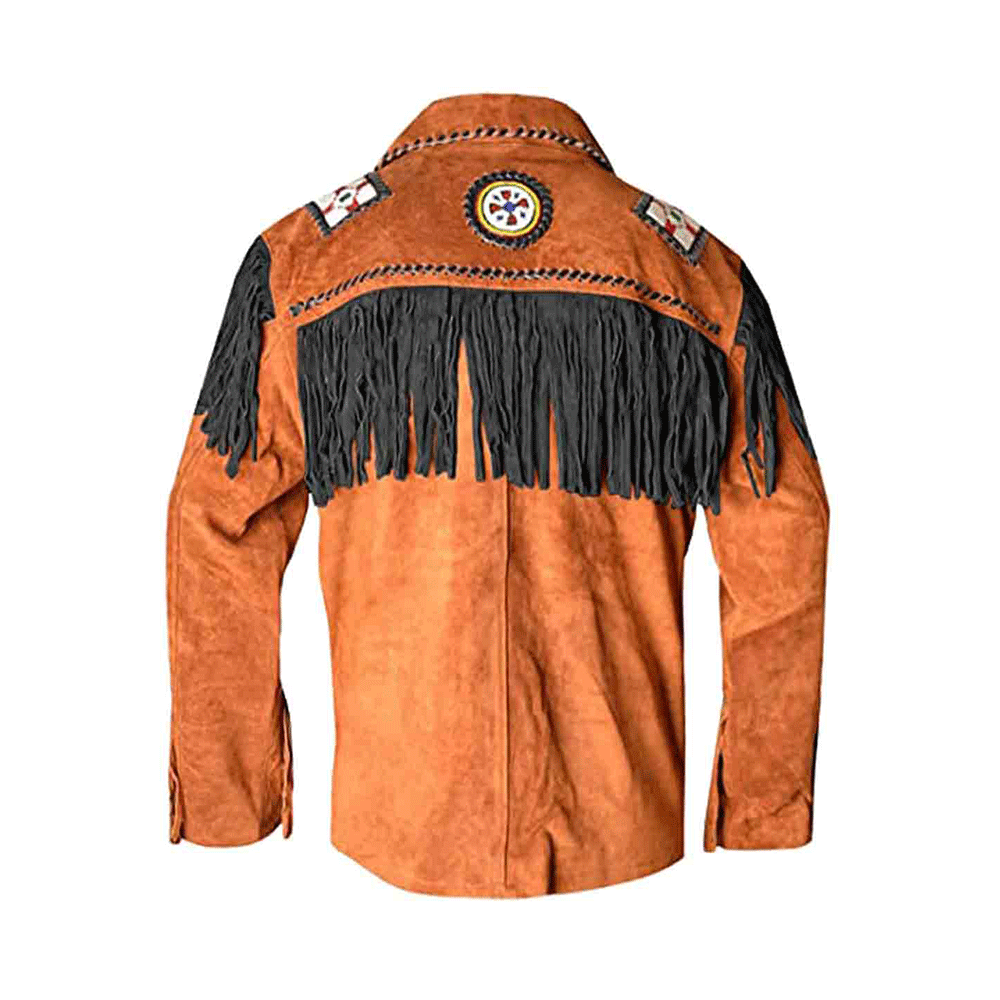 Western Brown Suede Leather Fringe Eagle Beaded Jacket for Men MWJ716