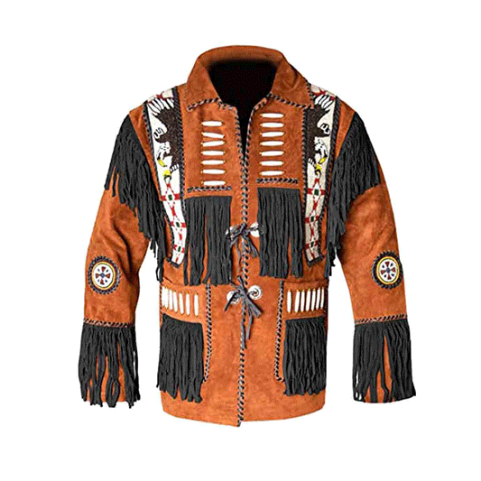 Western Brown Suede Leather Fringe Eagle Beaded Jacket for Men MWJ716