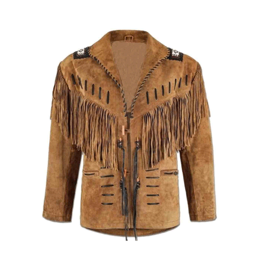 Western Fringe Brown Suede Leather Beaded Jacket for Men MWJ717