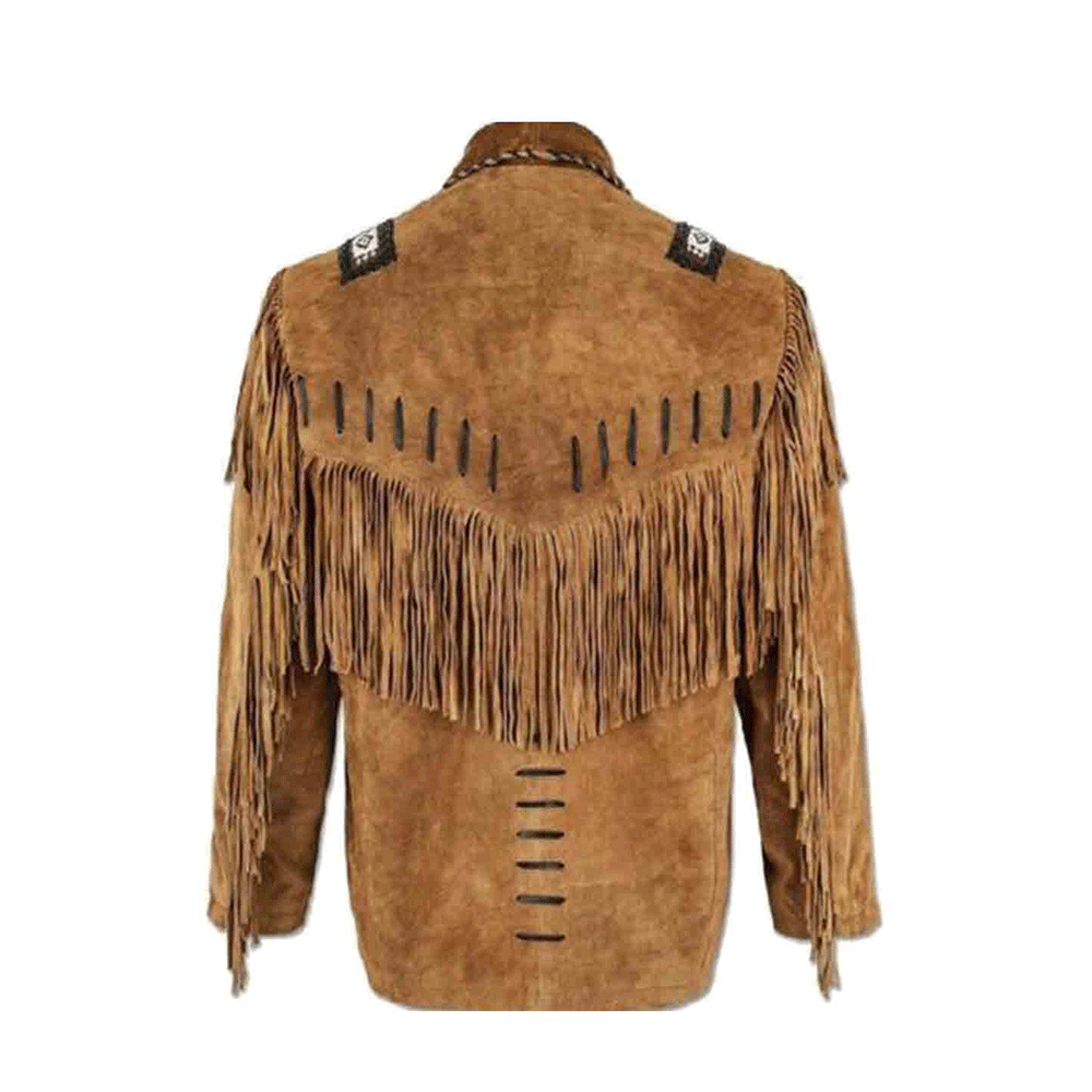 Western Fringe Brown Suede Leather Beaded Jacket for Men MWJ717