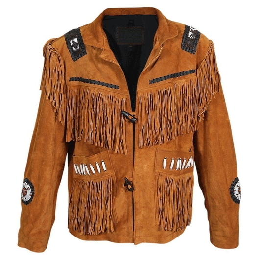 Western Fringe Brown Suede Leather Beaded Jacket for Men MWJ718